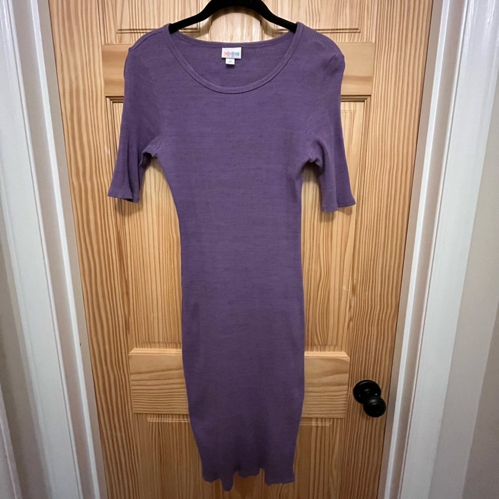 LuLaRoe Julia Dress, Size M, Purple Rib Knit, Knee Length, Body Con Fit
